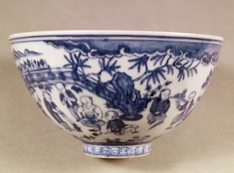 Blue and white bowl decorated with a landscape with figures, 1450-1500